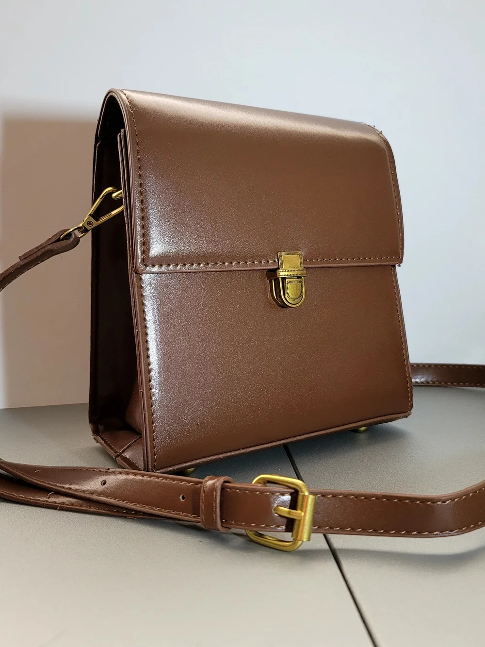Brown Structured Crossbody Bag with Gold Hardware